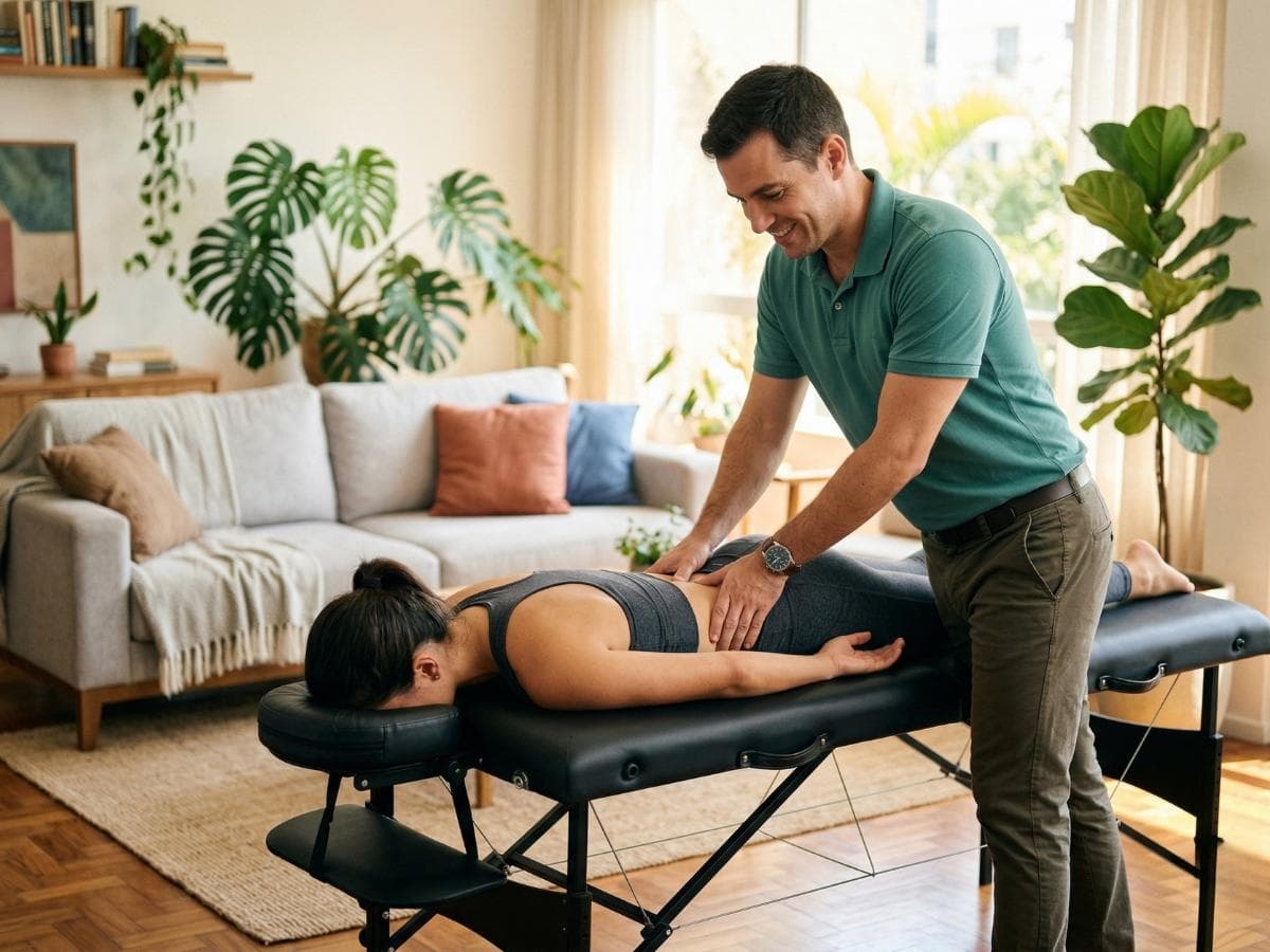 Alessandro Camargo, quiropraxista, atendendo paciente em domicílio em Campo Grande